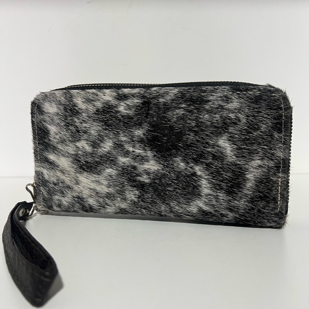 Black and White Haircalf Zip Wallet with Wristlet